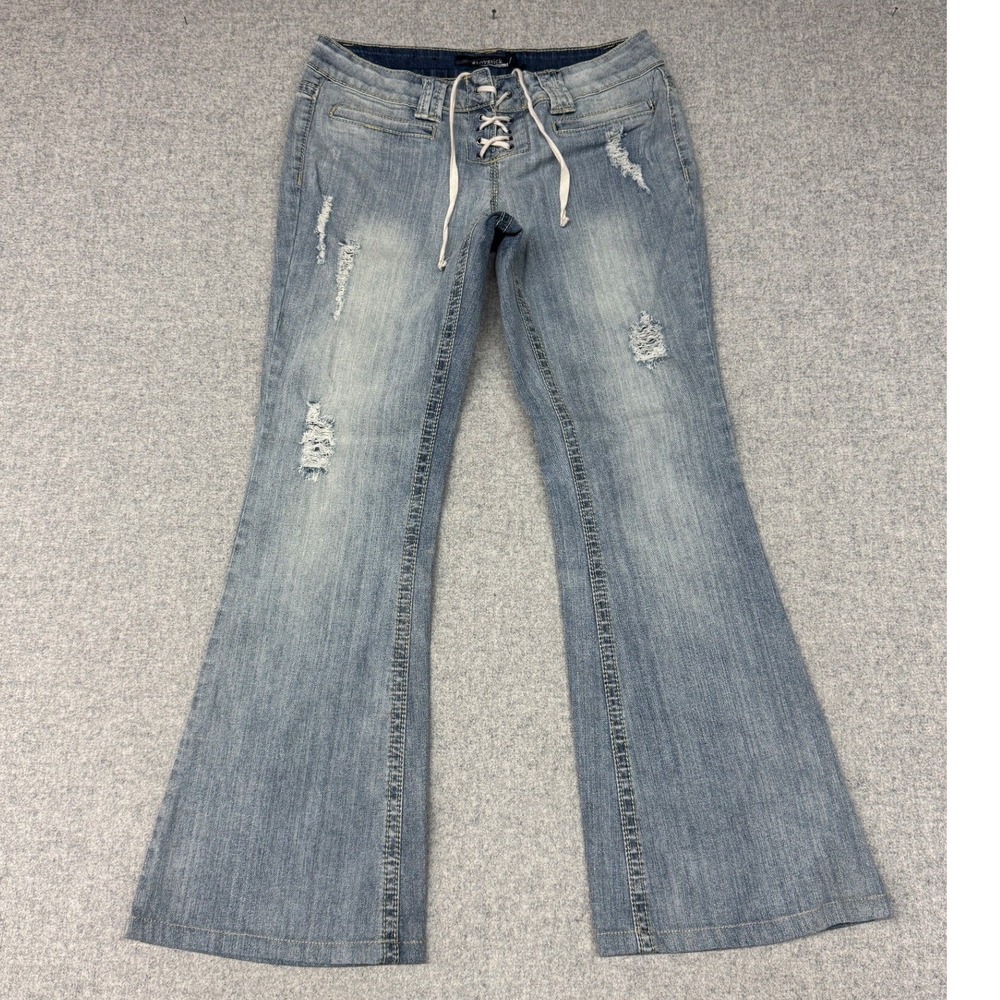 Lovesick | Distressed Lace Up Flare Jeans | 7 | Blue | Y2K Low Rise Drawstring
